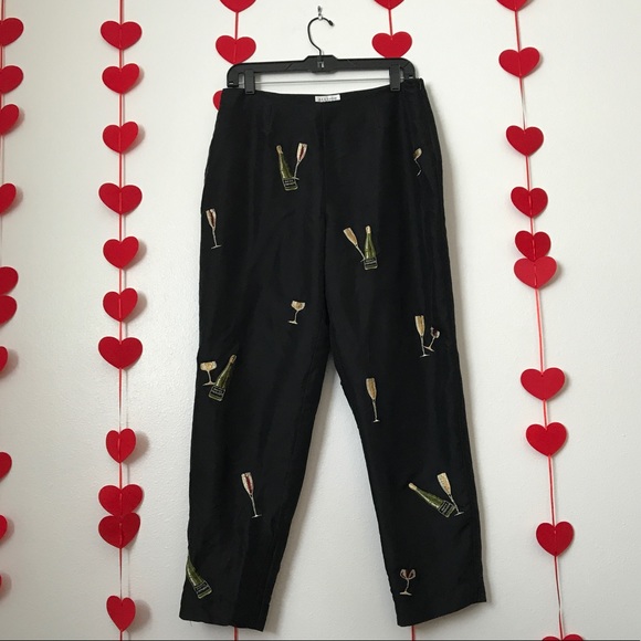 100% Silk Black Wine Embroidered Dress Pants - Picture 3 of 4